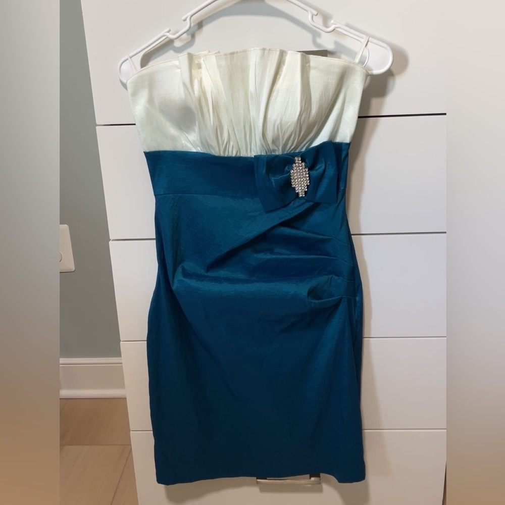 Strapless Blue and White Dress with Bow Accent